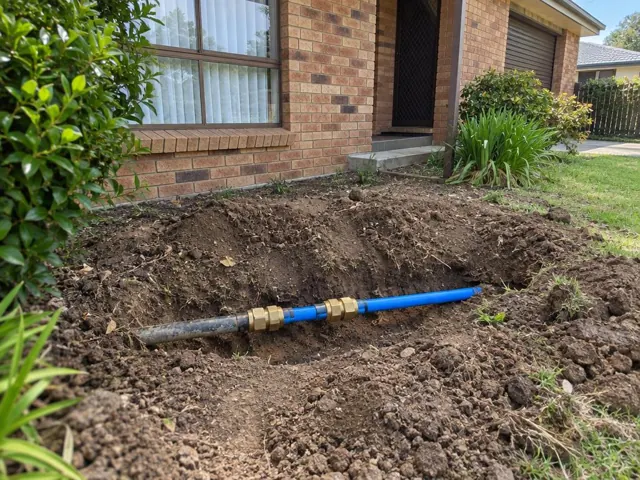Exposed repaired water pipe in a dug trench beside a brick house in Ashtonfield